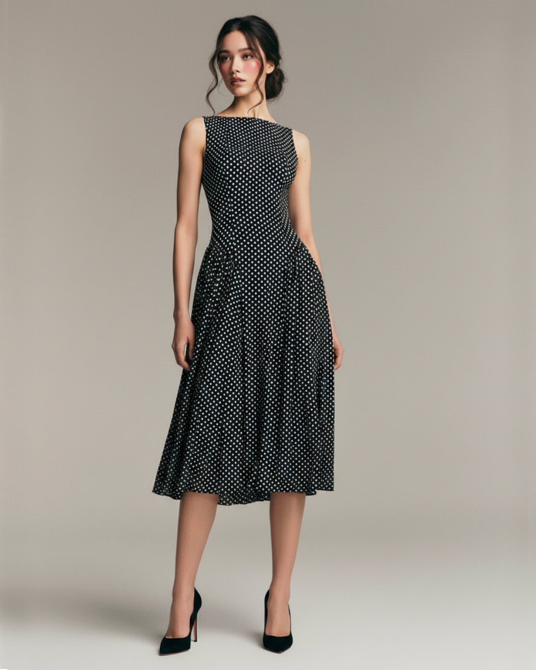 Anelis Micro Polka Dot Midi Dress in Black Vintage Womens Dress S Anelis Micro Polka Dot Midi Dress in Black Vintage Womens Dress S