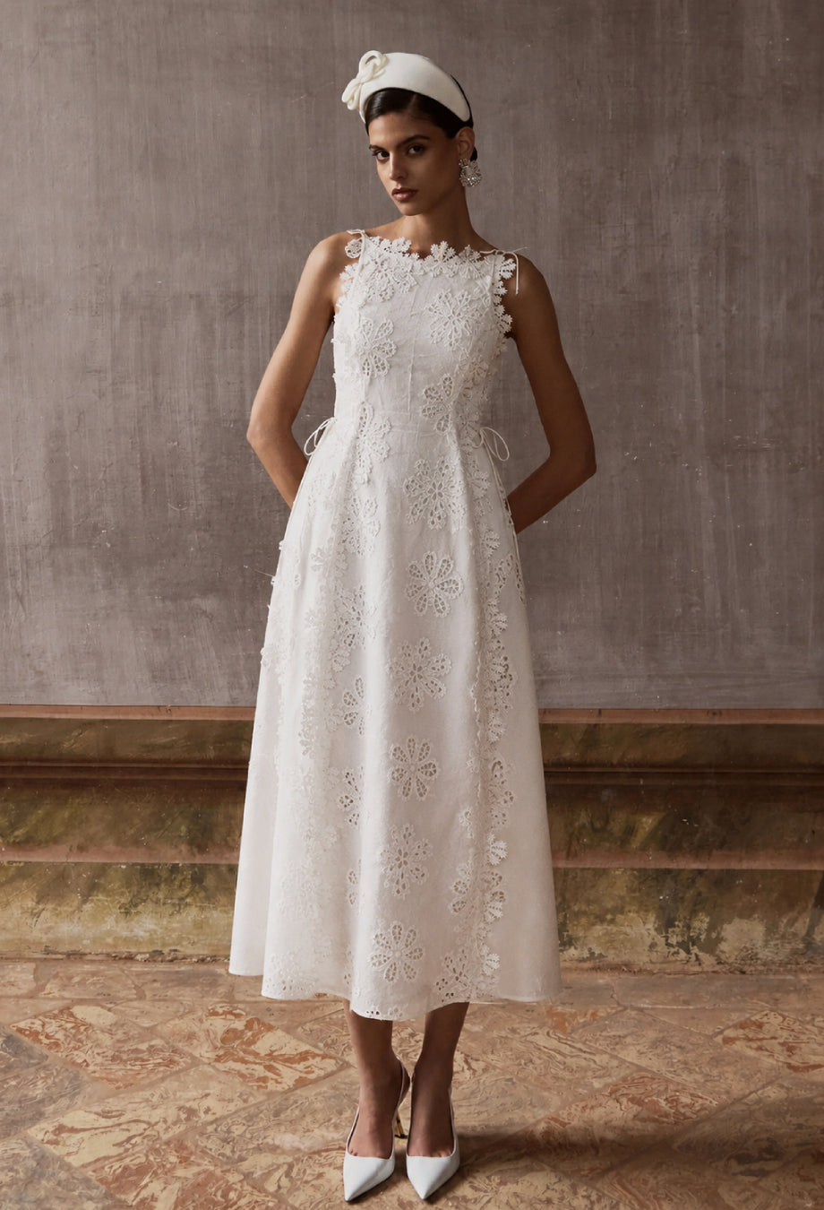Araminta White Embroidered Midi Dress - White Summer Dress L