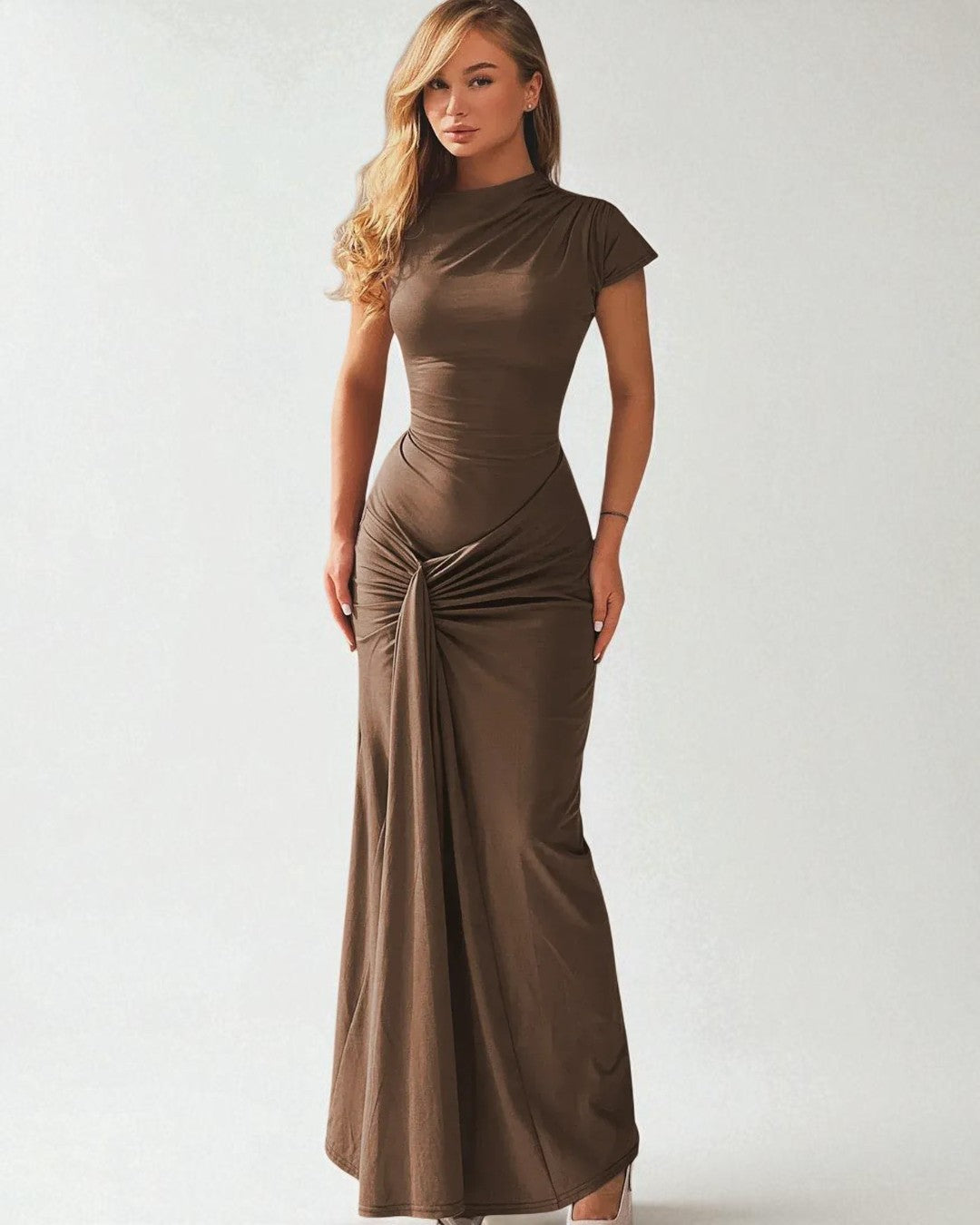 Side angle of Aria brown prom dress for Canada prom event