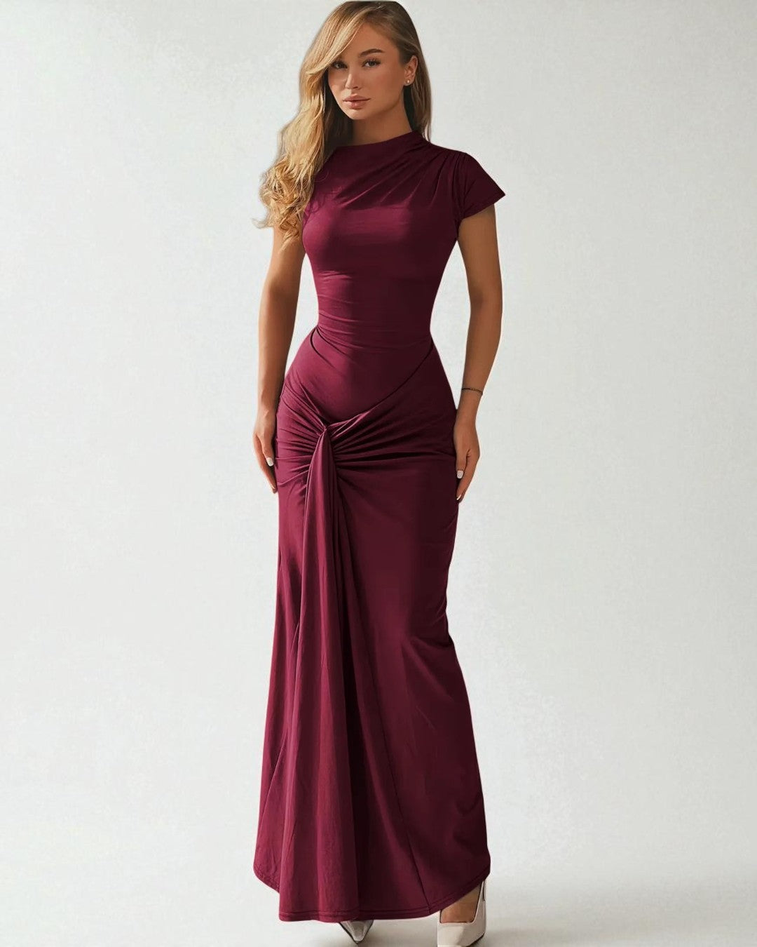 Aria burgundy maxi prom dress styled with heels for graduation in Canada