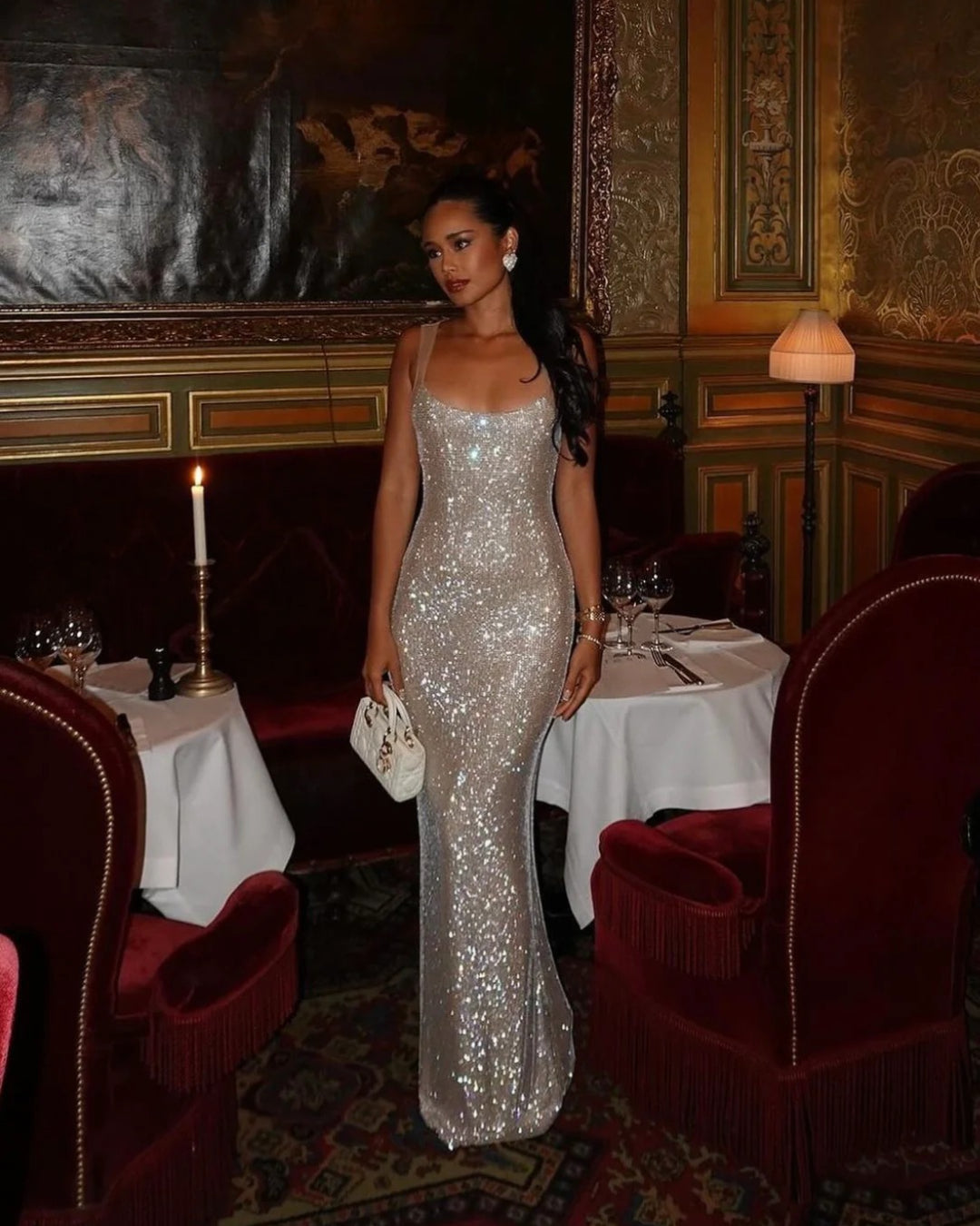 strapless open back dress Ariana Sparkly Maxi Dress