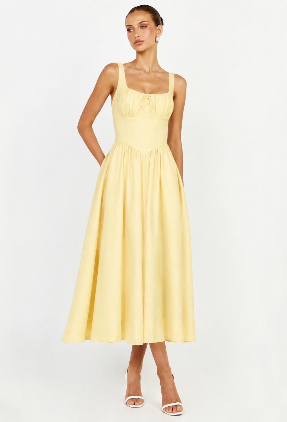 Balia Light Yellow Linen Midi Dress