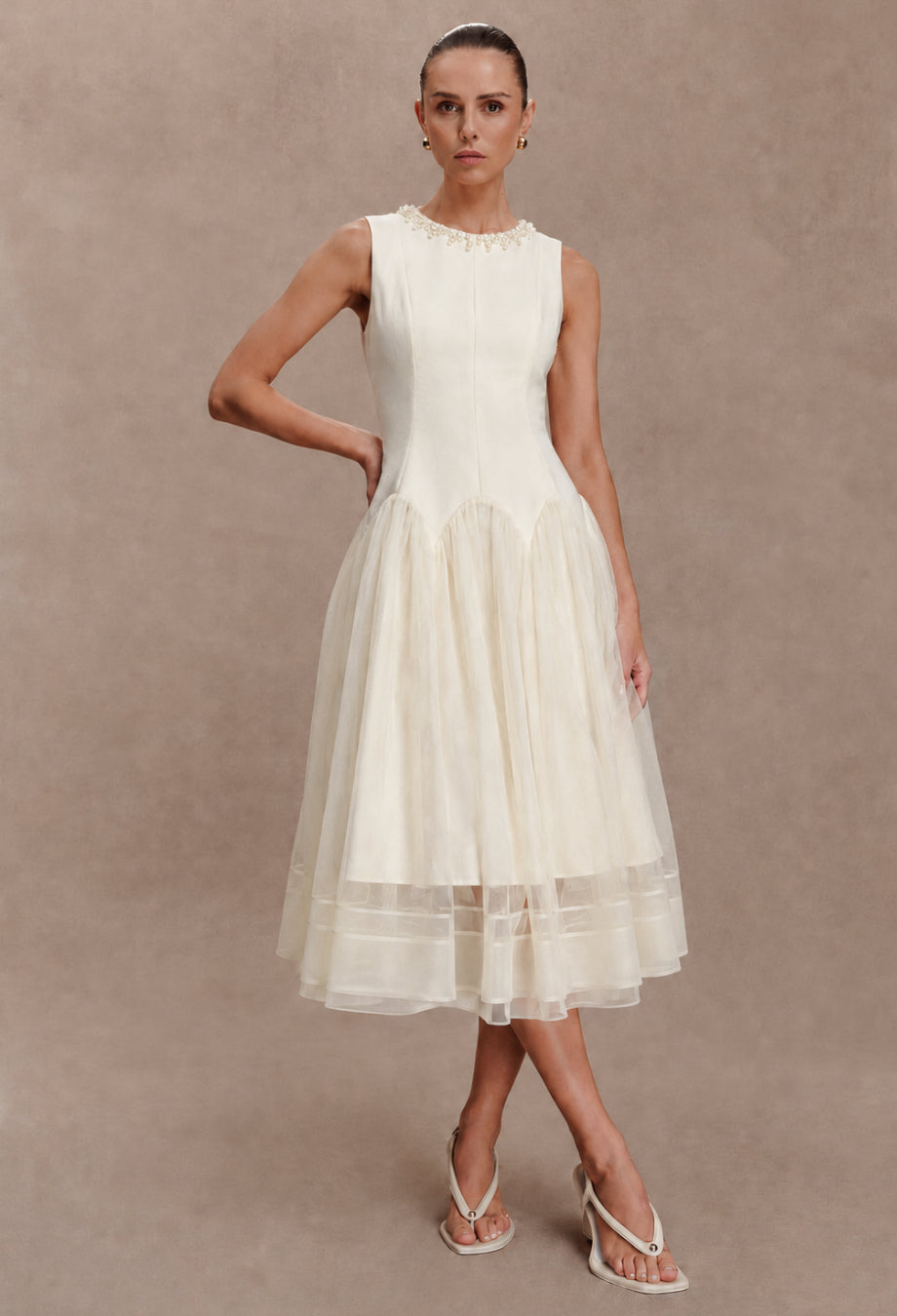 Darla Ivory Flowy Midi Dress for Brunch & Garden Parties