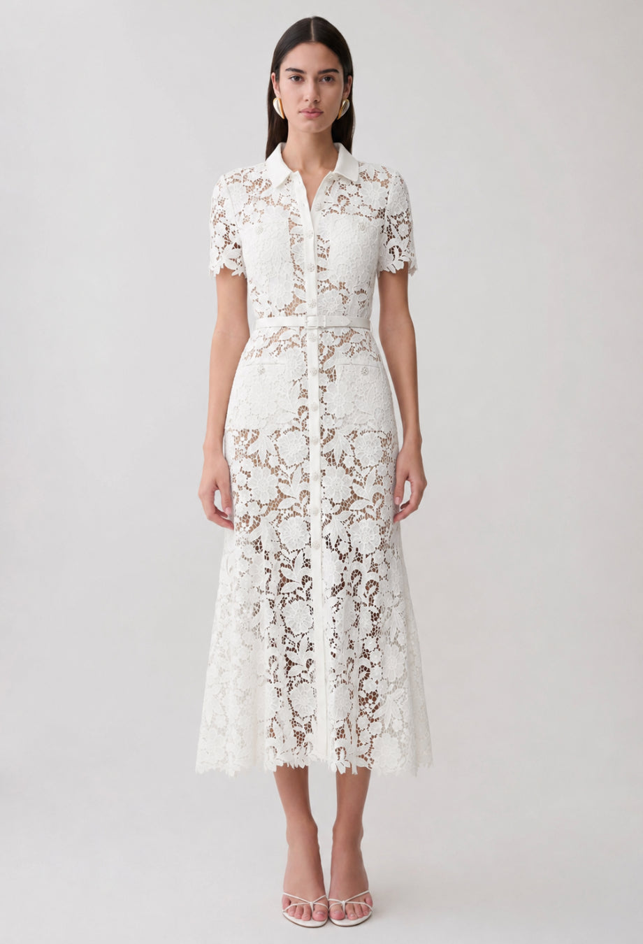 White Lace Midi Dress with Short Sleeves for Graduation L