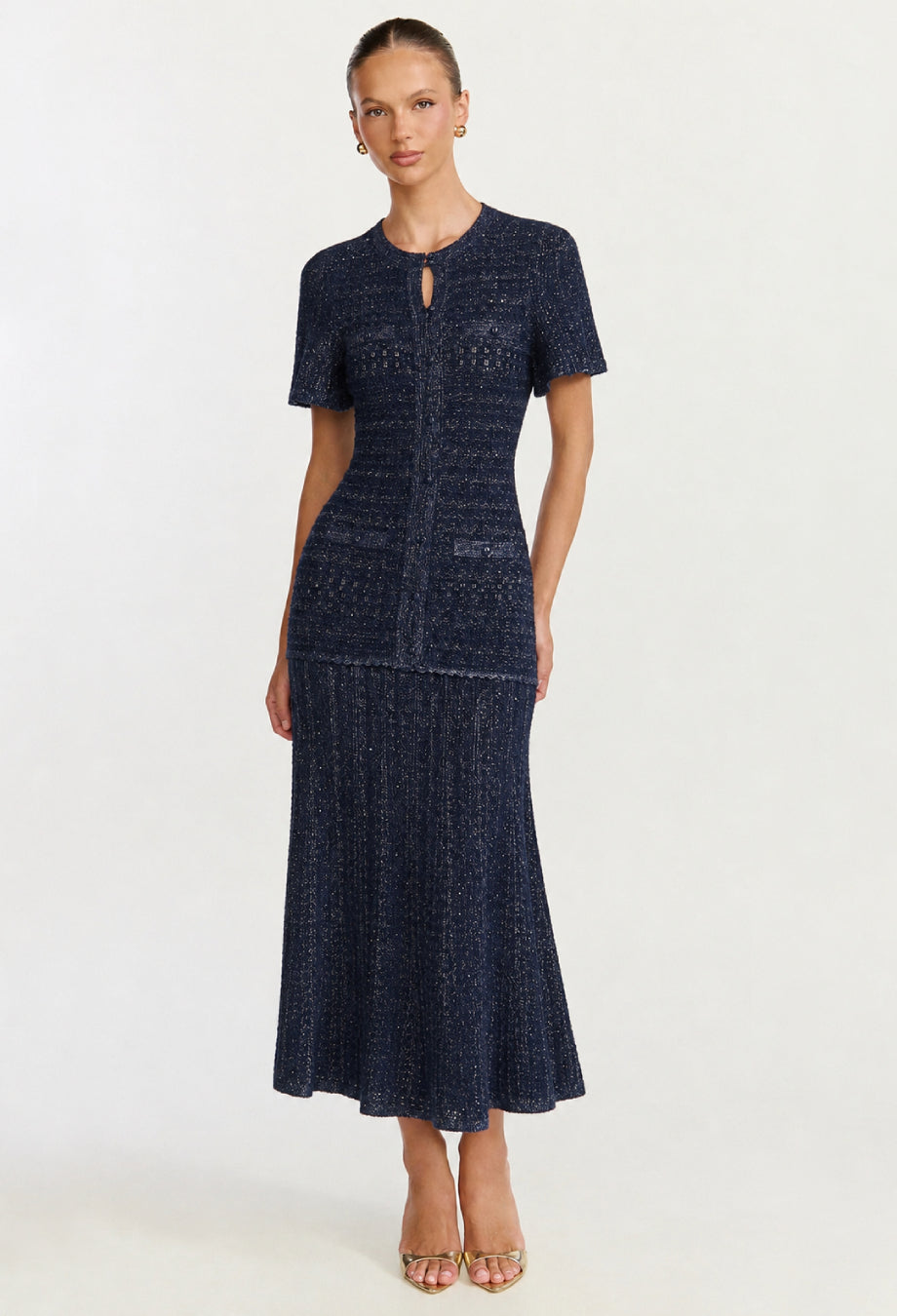 knitted ladies dress Navy Rhinestone Knit Midi – Summer Knit Dress No-Returns:2025-10-06_2026-01-05 Wearing Leggings Under Dresses Bust 96 Size:Pre-order XXS