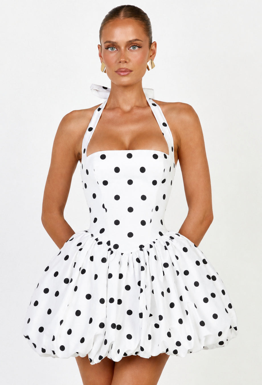 white dress with white polka dots Polly Dot Posie May's Boutique Model Wearing Size Small Color Buy White Polka Dot Ruffle