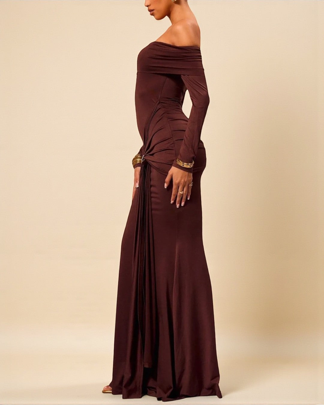 Viral dress – Grace Coffee Brown Maxi Gown in semi-sheer knitted fabric