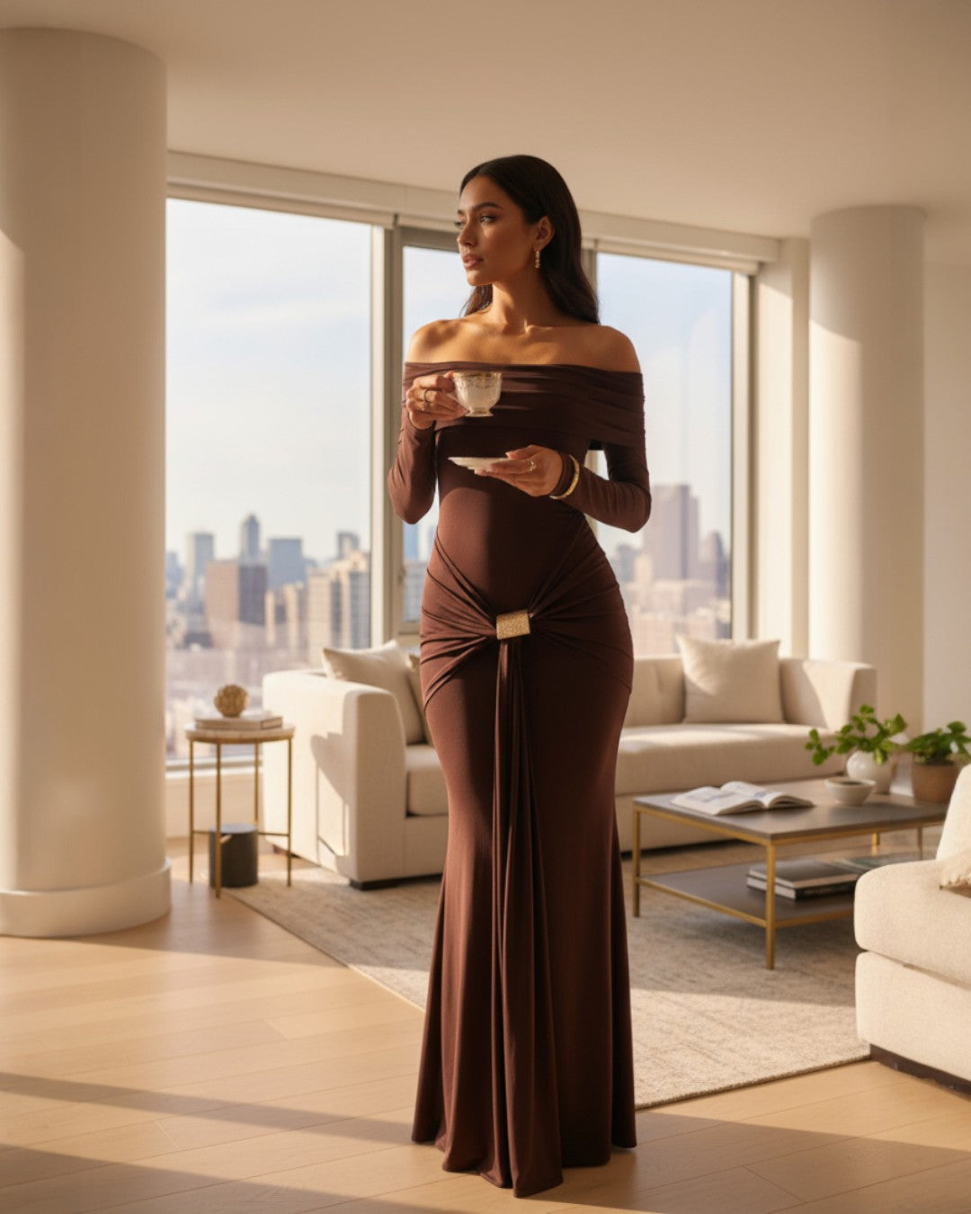 Grace Maxi Dress in coffee brown – elegant long sleeve maxi gown