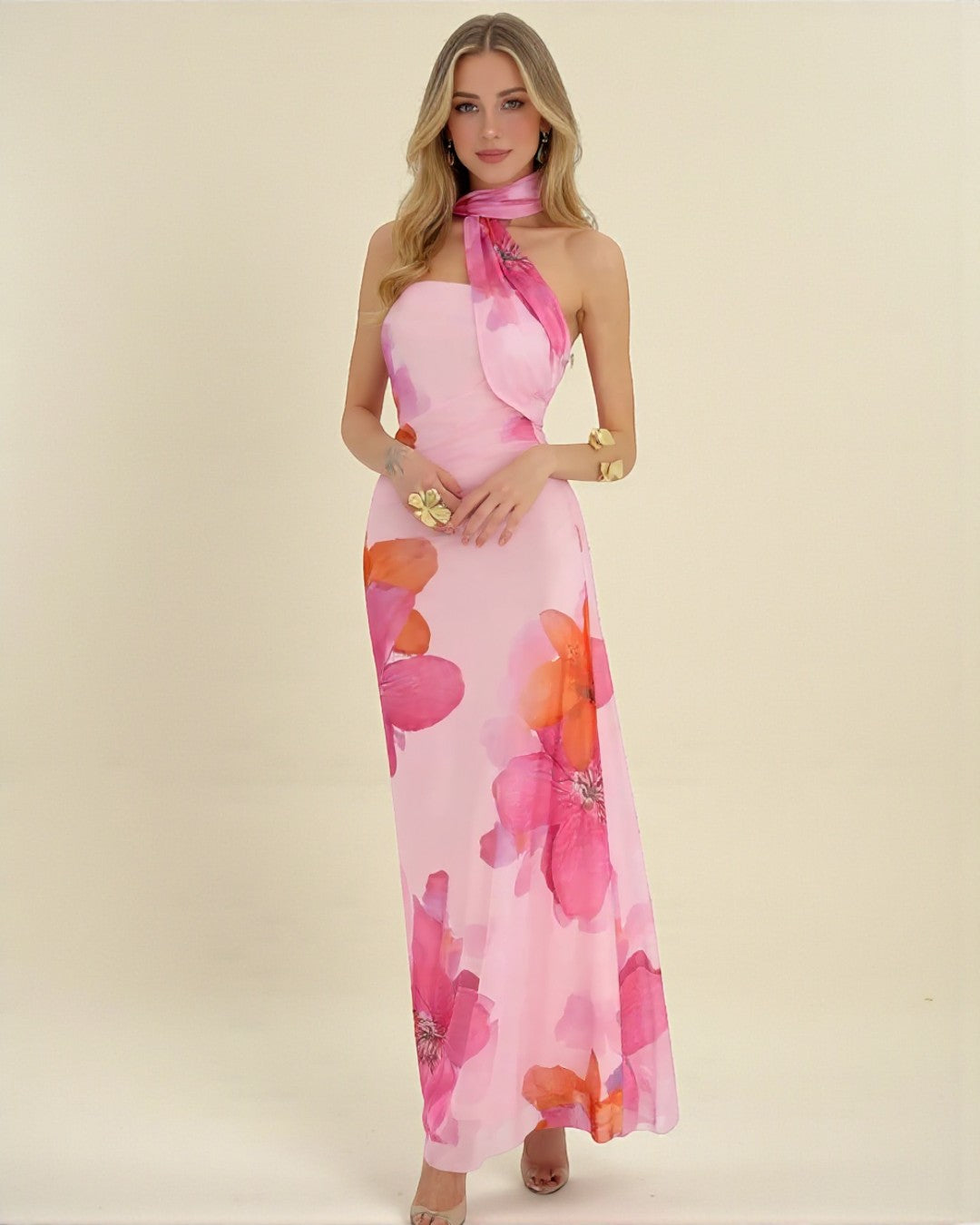 Maxi sundress in pink floral print – Isla strapless maxi dress with scarf