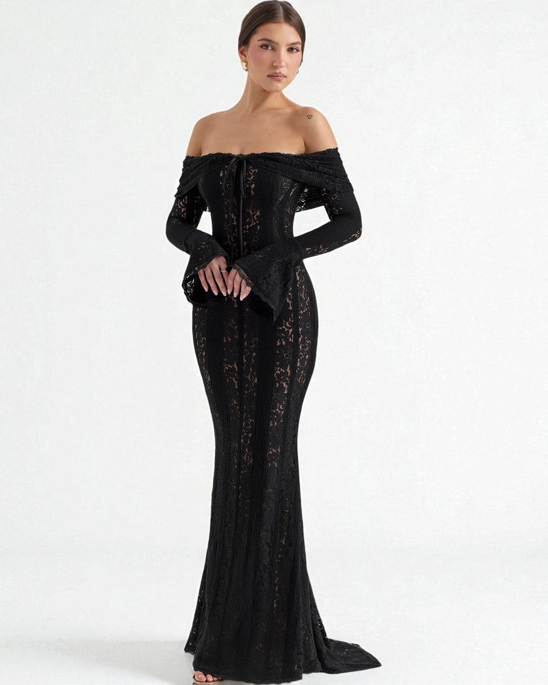 Black Off-Shoulder Lace Bodycon Maxi Dress, wedding guest dresses, black maxi dress, prom dresses, prom dresses canada, black prom dresses