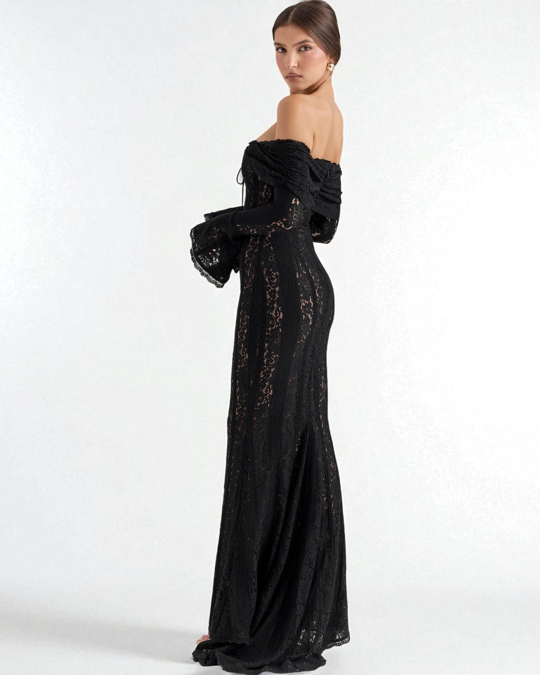 Side angle of Lettie black bodycon maxi prom dress for evening event