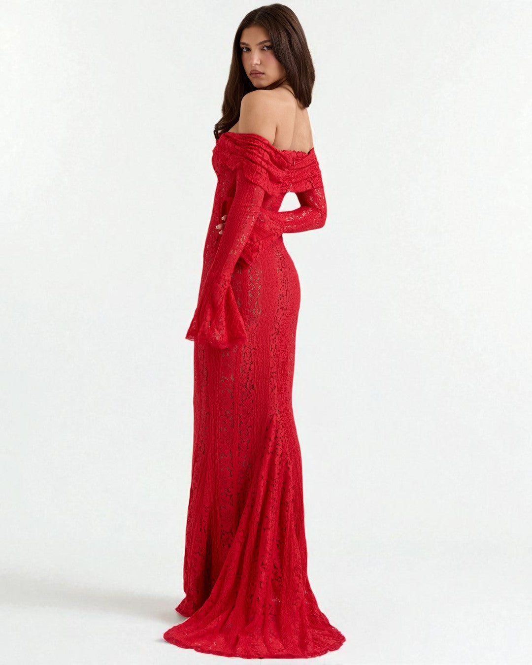 Side angle of Lettie red off-shoulder bodycon maxi dress for wedding