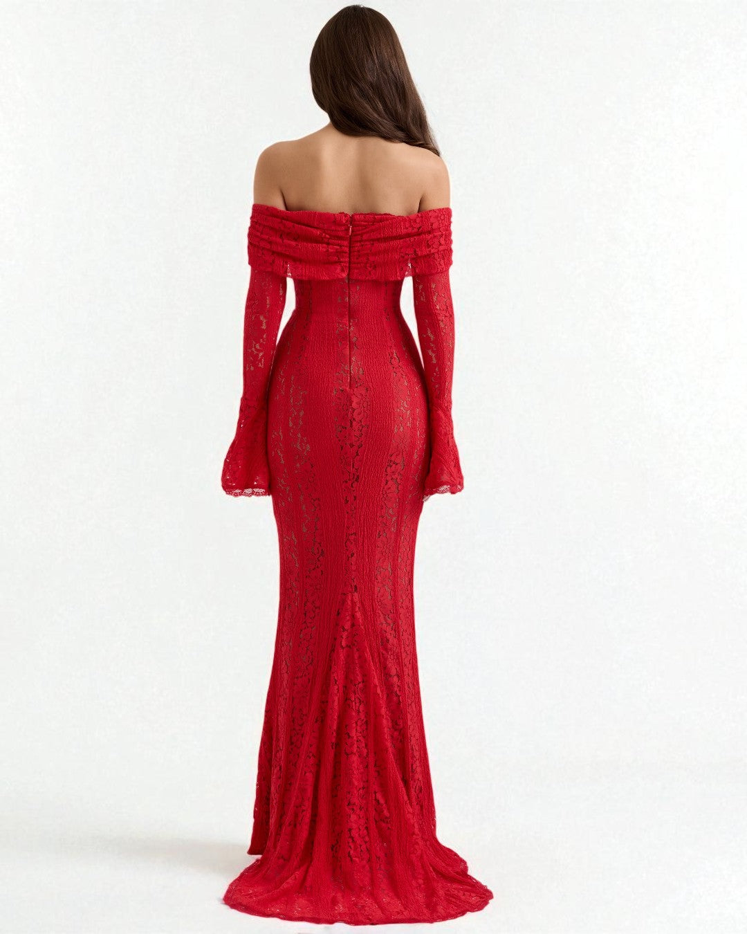 Back view of Lettie red lace maxi wedding guest gown