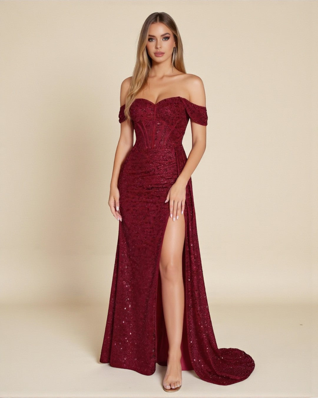 Lily Off-Shoulder Sparkle Maxi Dress – Burgundy