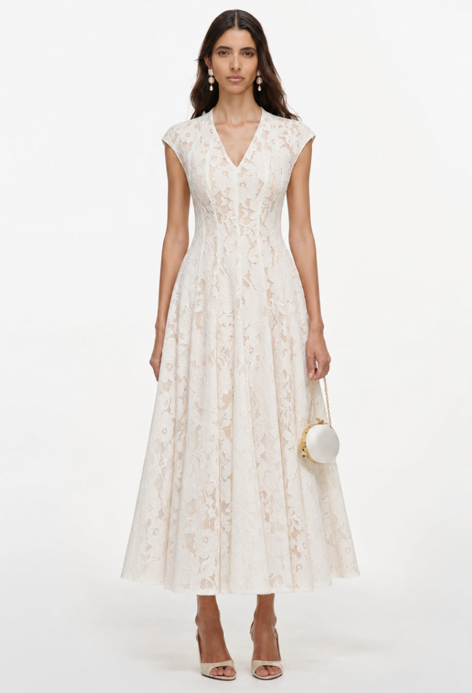 White Floral Lace Midi Dress with Cap Sleeves for Weddings