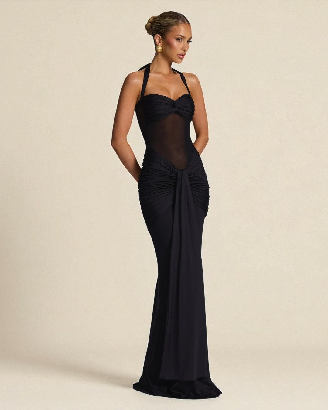 Side angle of Lucy black bodycon maxi bridesmaid dress for wedding