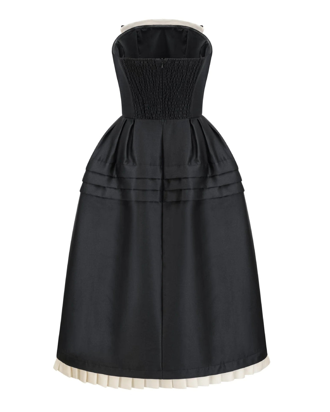 Back of the lydia black strapless midi dress with white trim, perfect for old canadian money