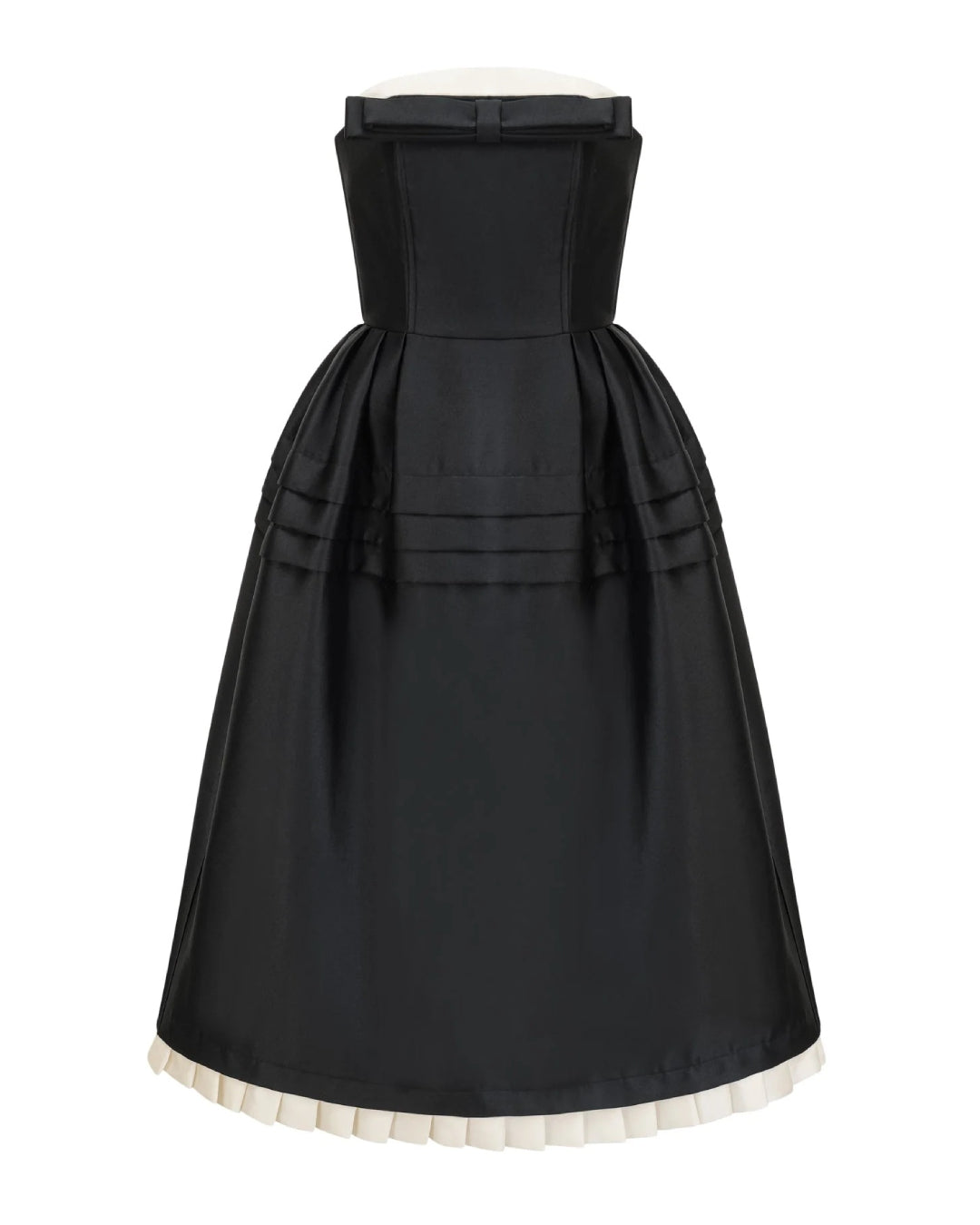 Black midi dress with white trim, perfect for women to wear to evening parties.