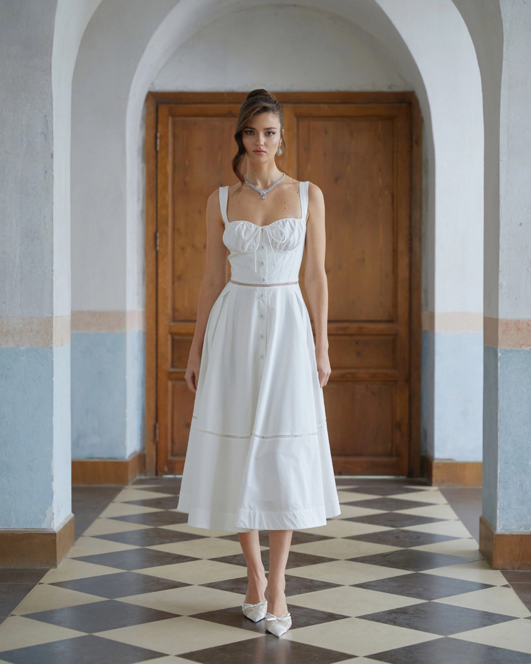 White Button Front Midi Dress
