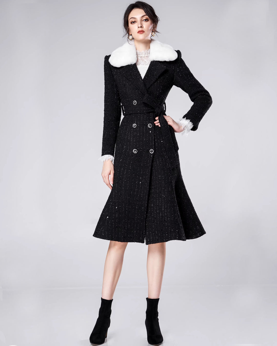 black dress with fur coat Marcel Faux Trimmed Tweed Midi for Women Collar Type:OFF THE SHOULDER Complete the Look:The Portrait Collection: Dress + Rosebud Party Hat This persian lamb fur Calvin Klein Ruffle V-Neck
