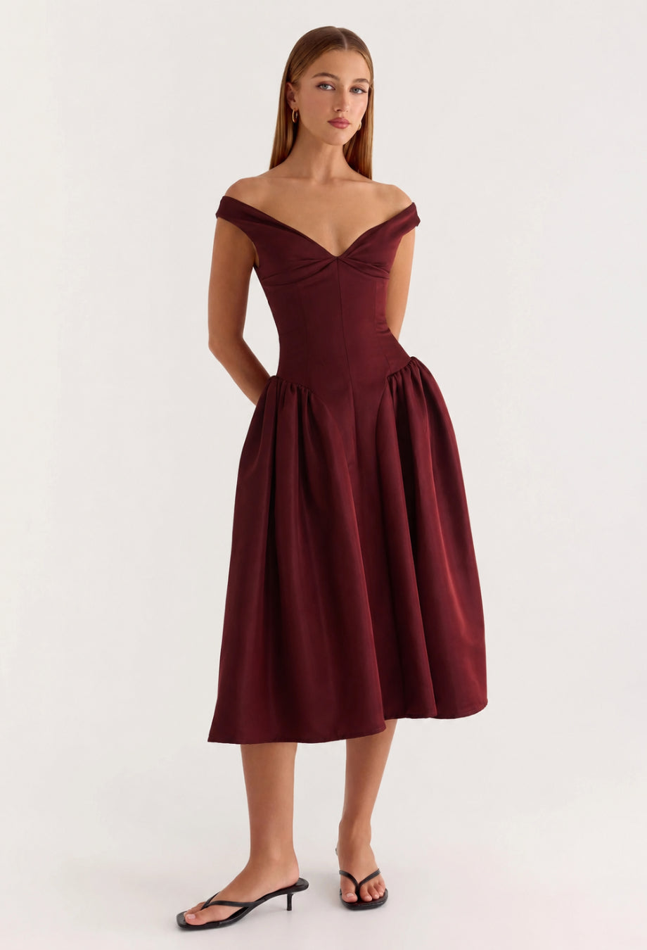 Burgundy Off Shoulder Wedding Guest Dress