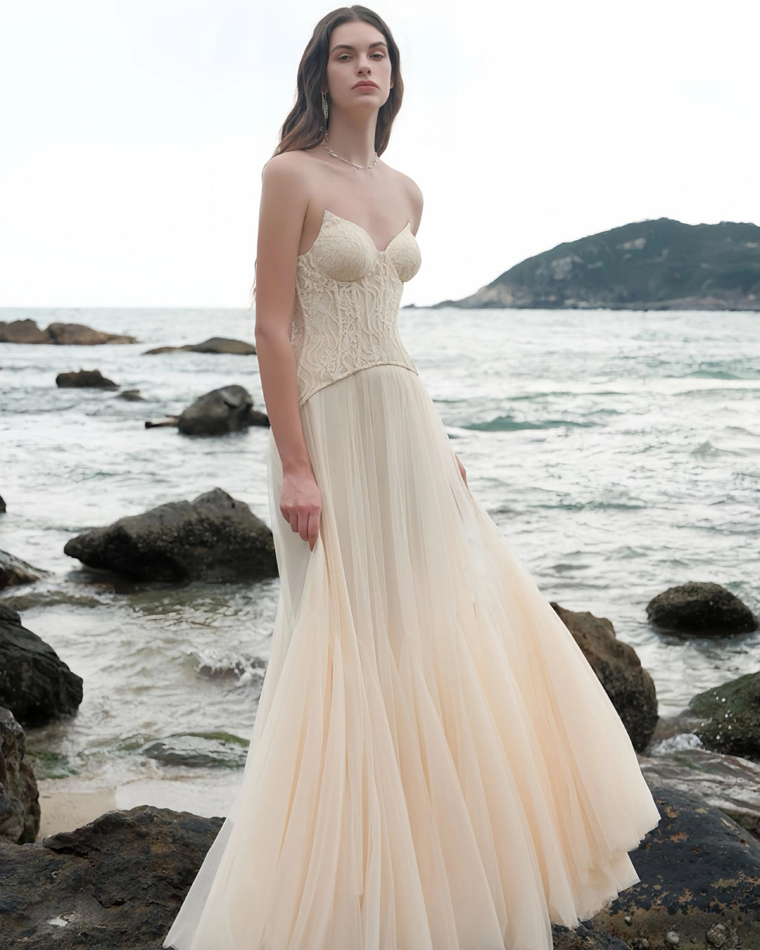 Oakley Lace Corset Tulle Maxi Dress in Ivory - Desse Blanche Fashion Oakley Lace Corset Tulle Maxi Dress in Ivory - Desse Blanche Fashion