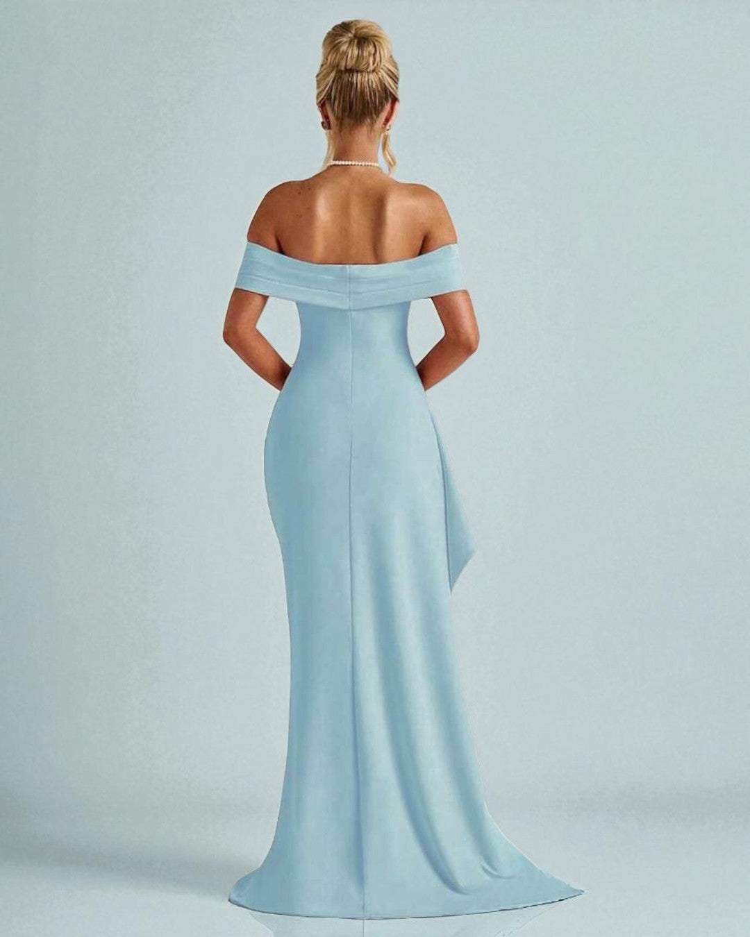 Back view of baby blue bodycon off-shoulder maxi dress