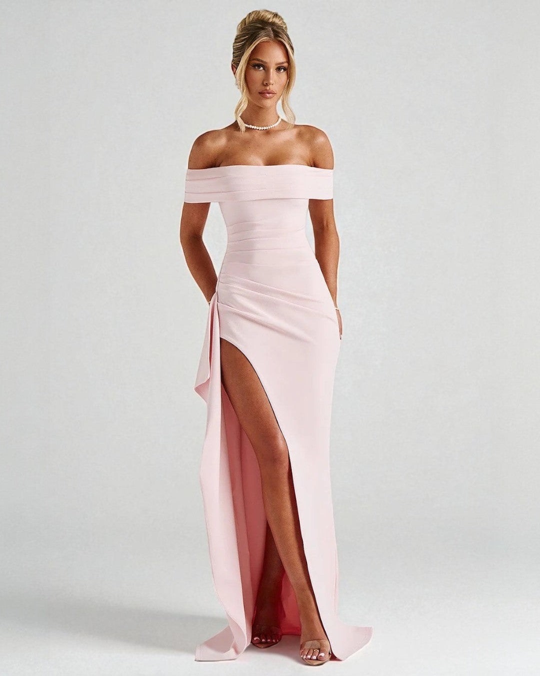 Blush Pink Off-Shoulder Bodycon Maxi Dress, pink bodycon dress, pink maxi dress, maxi dresses canada, womens dress maxi, maxi dress with sleeves, bodycon maxi dress