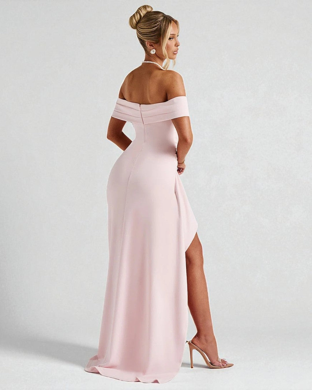 Blush Pink Off-Shoulder Bodycon Maxi Dress, pink bodycon dress, pink maxi dress, maxi dresses canada, womens dress maxi, maxi dress with sleeves, bodycon maxi dress