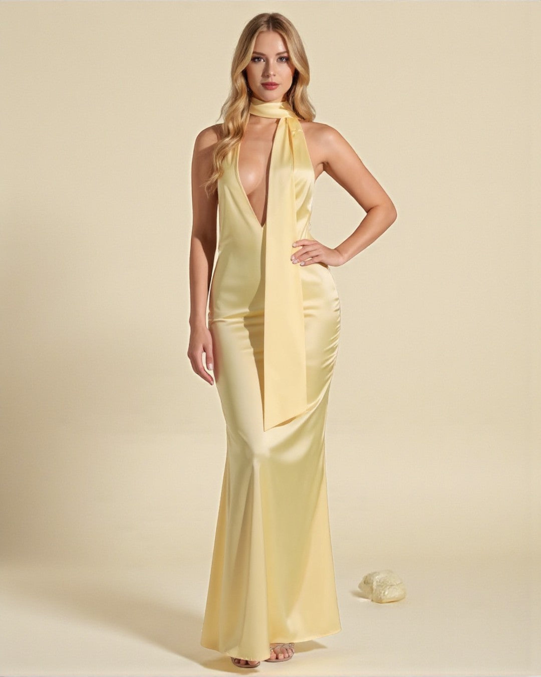 Olivia Halter Satin Maxi Dress - Light Yellow