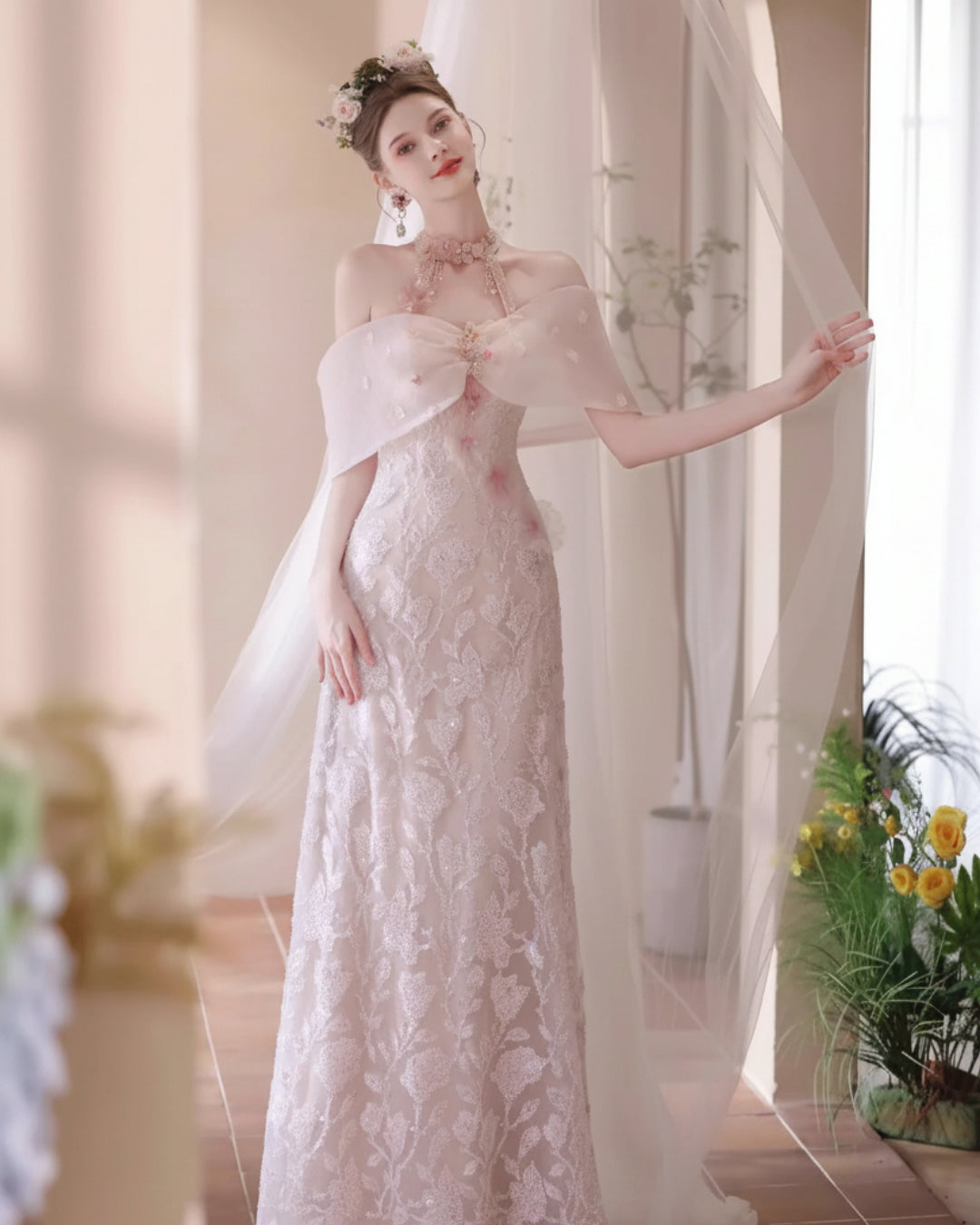 Off-Shoulder Blush Pink Wedding Gown