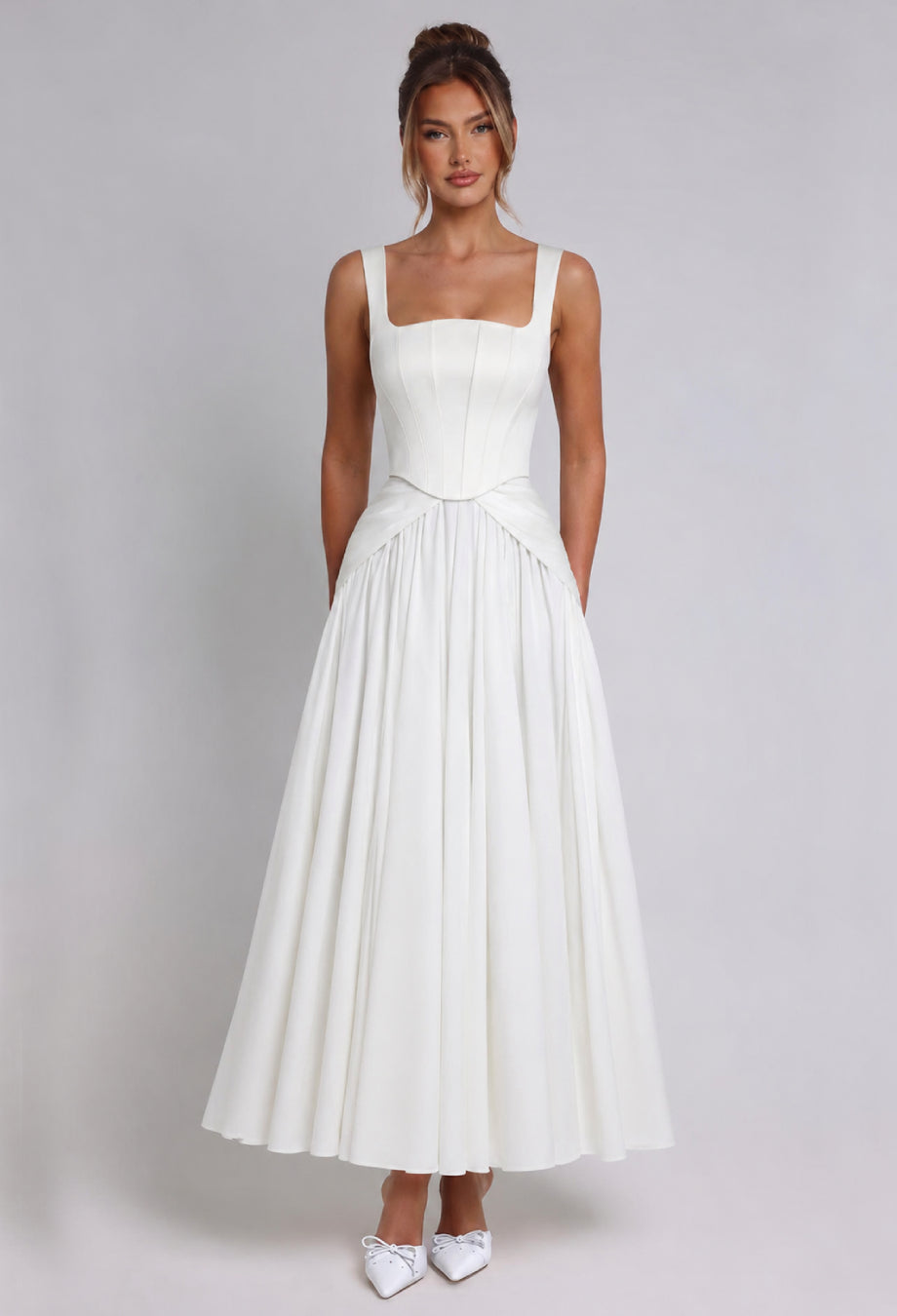 Polina White Corset Maxi Dress for Weddings & Bridal Showers