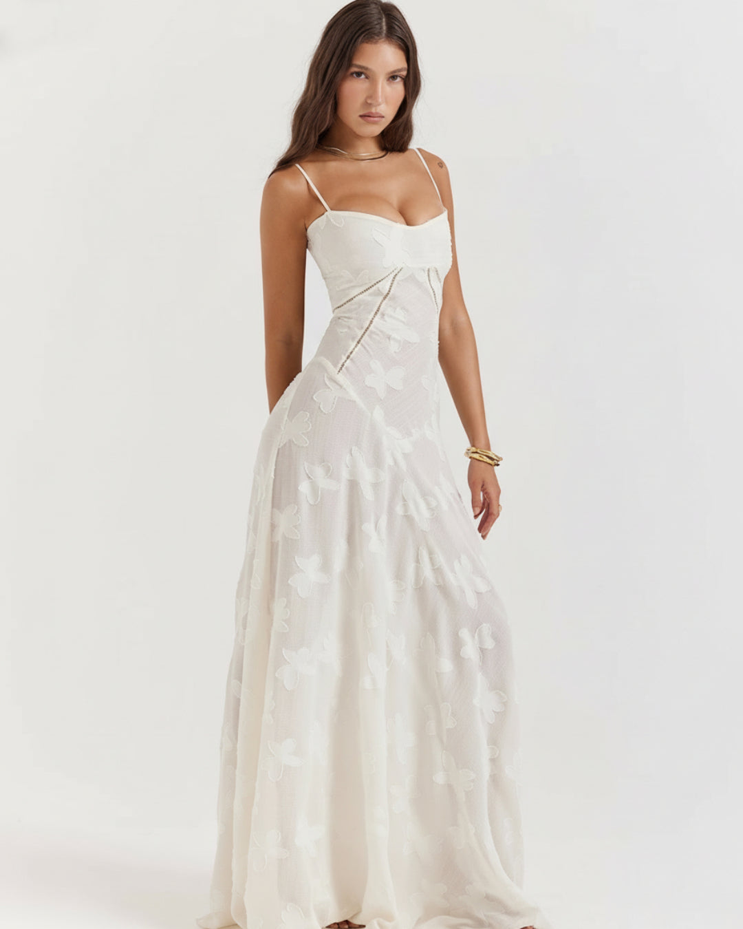 'Seren' Vintage Cream Floral Lace Back Maxi Dress