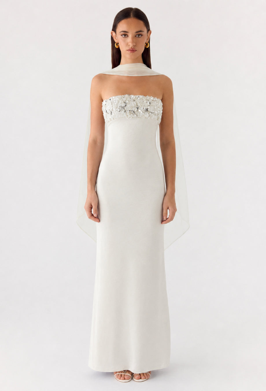 sparkly white maxi dress Taylor Strapless Sequin with Neck Scarf %0D%0AYKK%20zipper%20(known%20as%20the%20most%20durable%20and%20reliable%20zippers%20manufactured%20today) 7/25/2026 Size:US 13 / EU 46 Women's Vintage 1970's Foxy