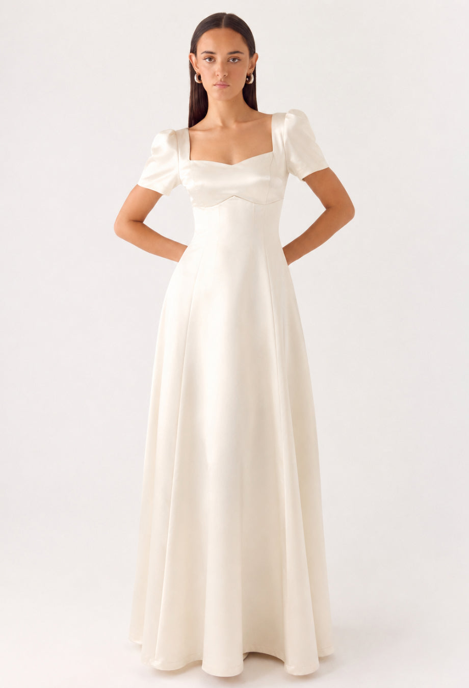 Thea White Satin Formal Maxi Dress with Sleeves