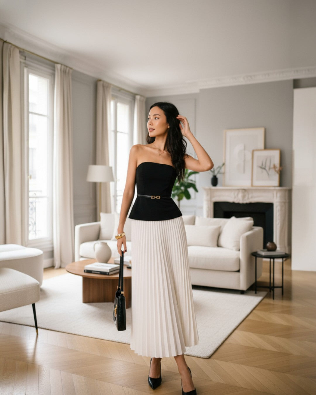 Black Top & White Pleated Midi Skirt Set