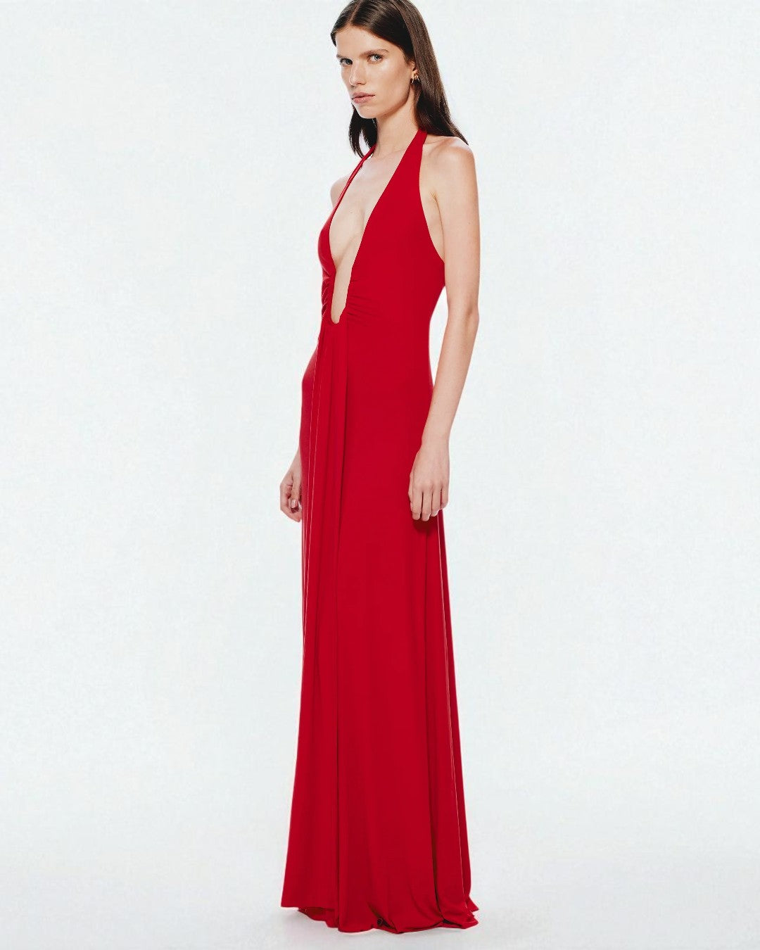 Side angle of Valentina red maxi dress for party or wedding in Canada