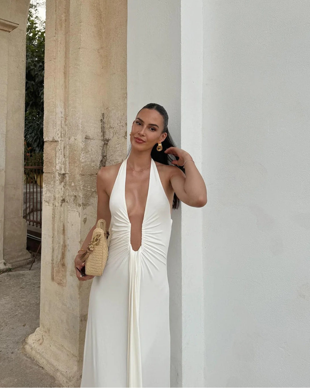 Close-up of fabric detail on Valentina white bridesmaid dress