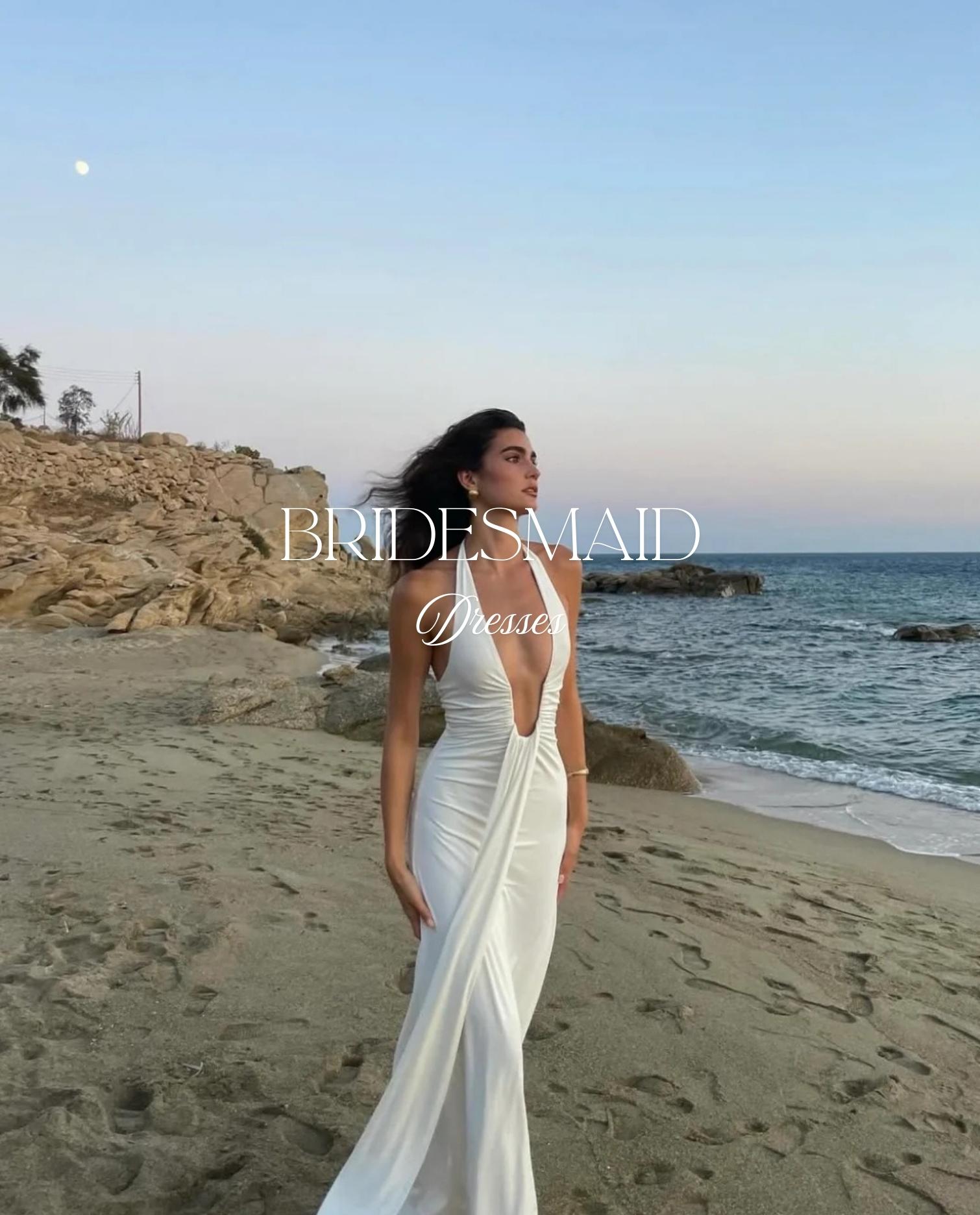 Collection of maxi bridesmaid dresses in light yellow, cherry red, apricot, black, and white