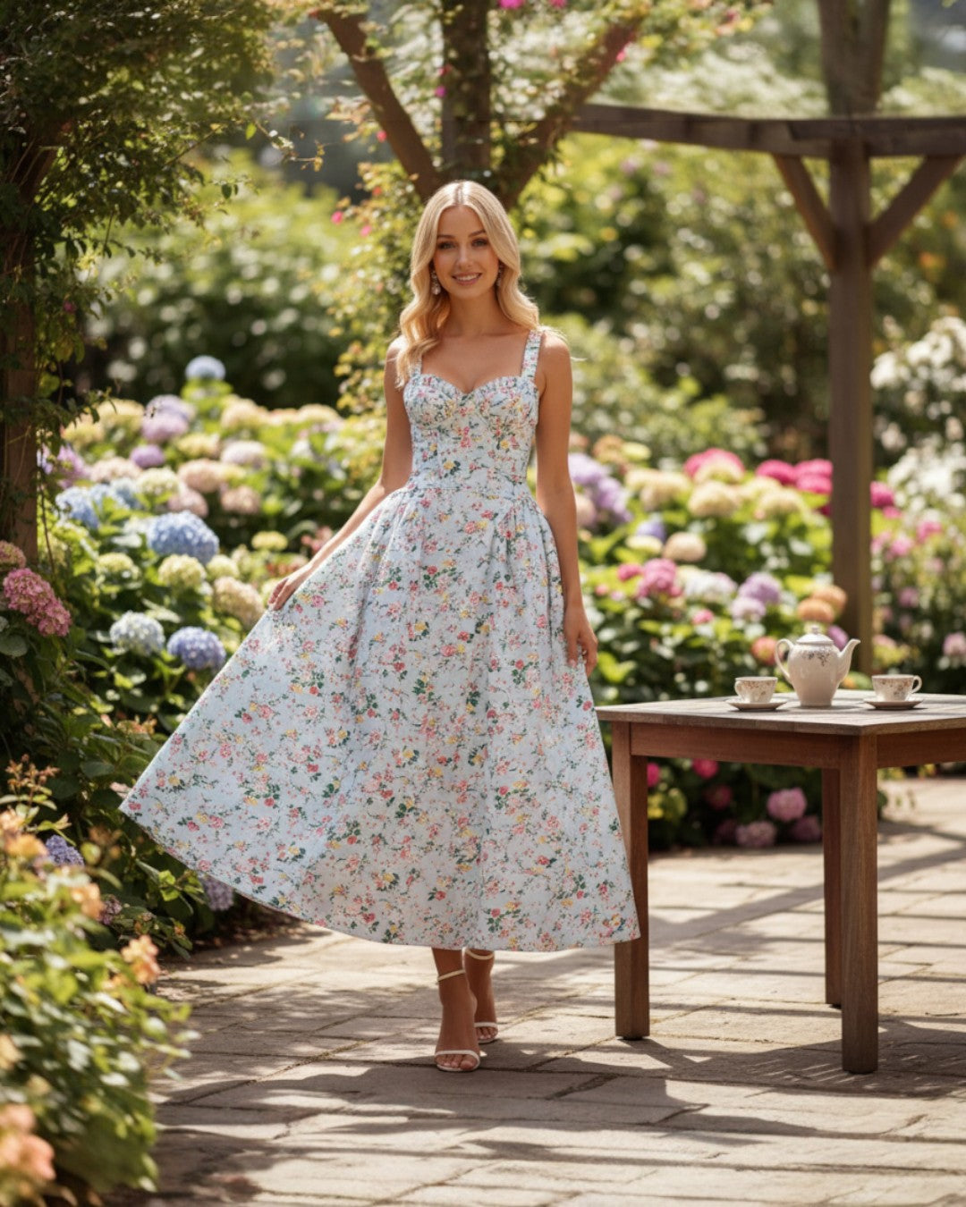 Adeline Floral Midi Dress - Light Blue