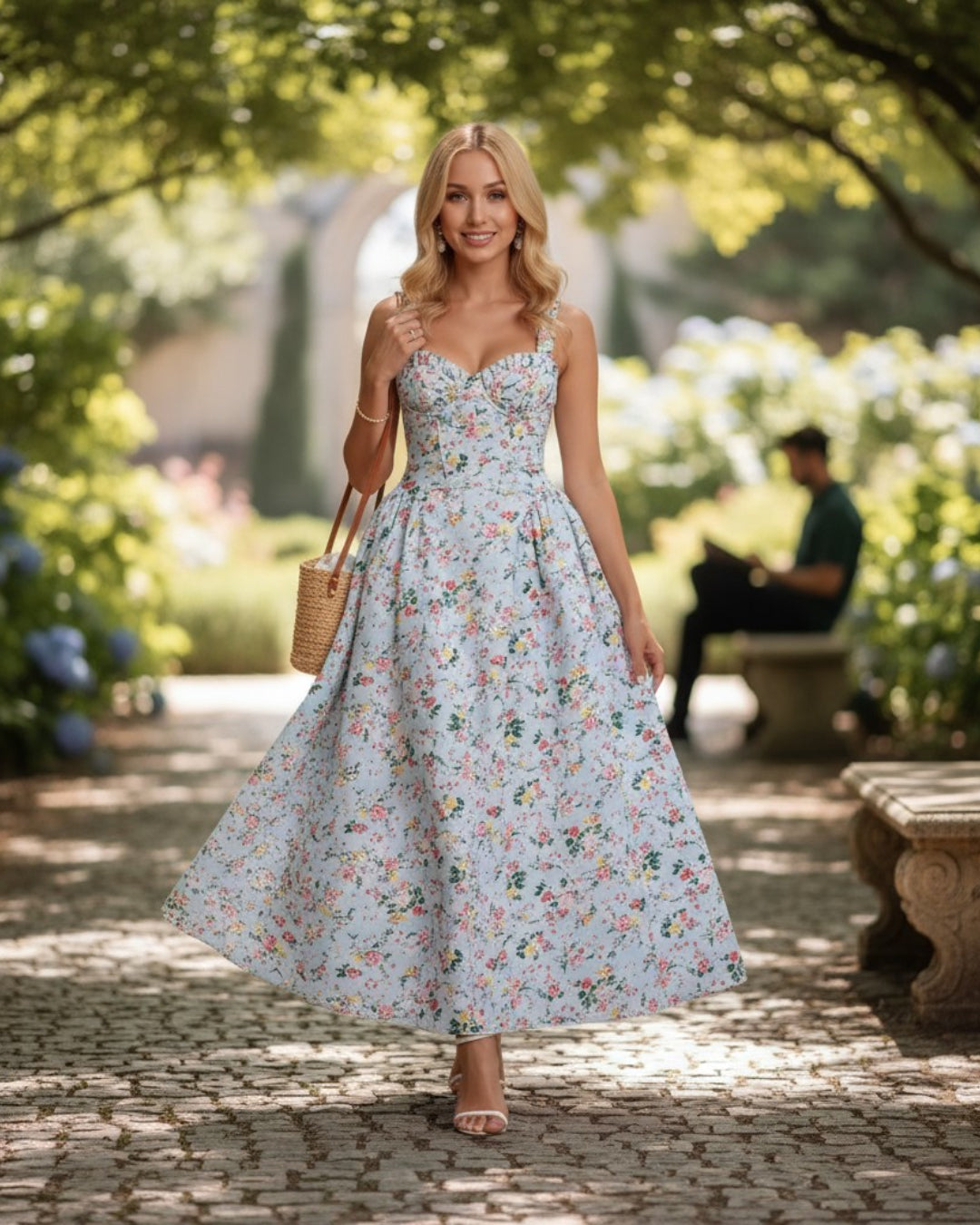 Adeline Floral Midi Dress - Light Blue