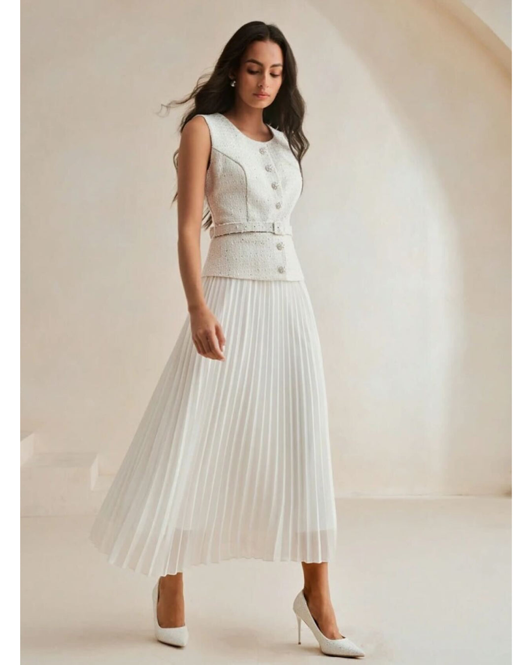 Belted Retro Patchwork Chiffon 2-in-1 Pleated Maxi Dress