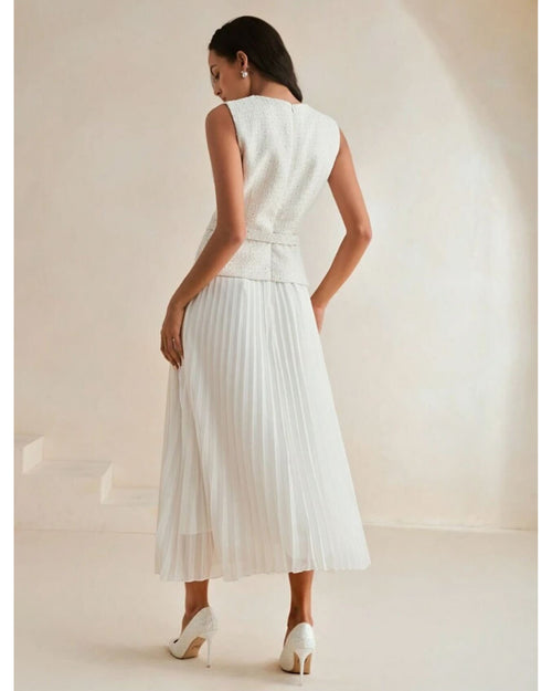 Belted Retro Patchwork Chiffon 2-in-1 Pleated Maxi Dress