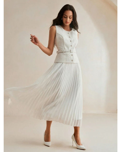 Belted Retro Patchwork Chiffon 2-in-1 Pleated Maxi Dress