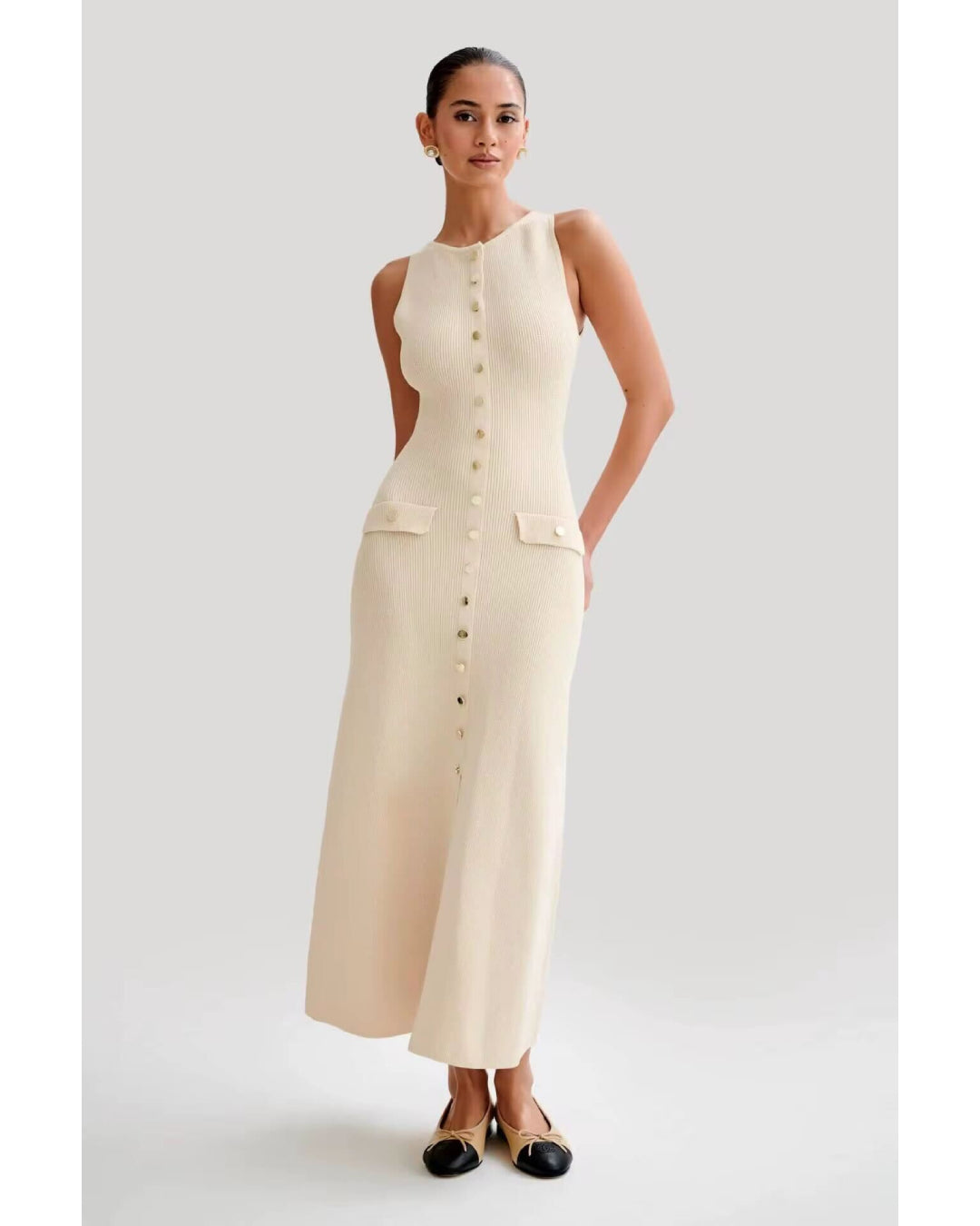 Fitted Stretch Button-Down Midi Dress