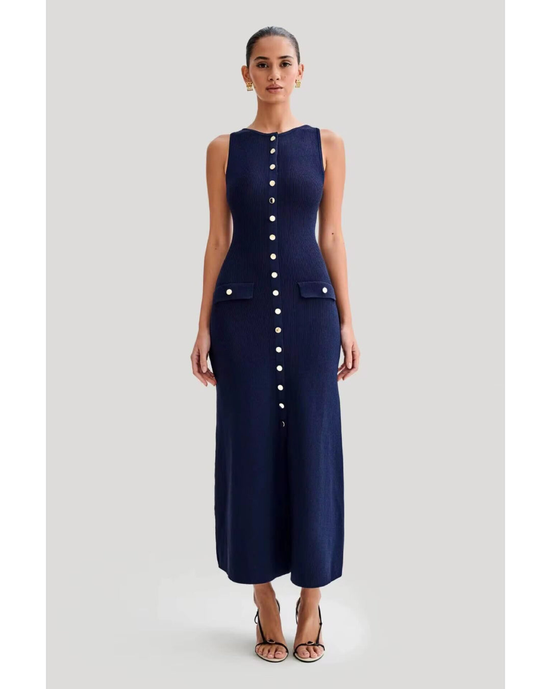 Fitted Stretch Button-Down Midi Dress