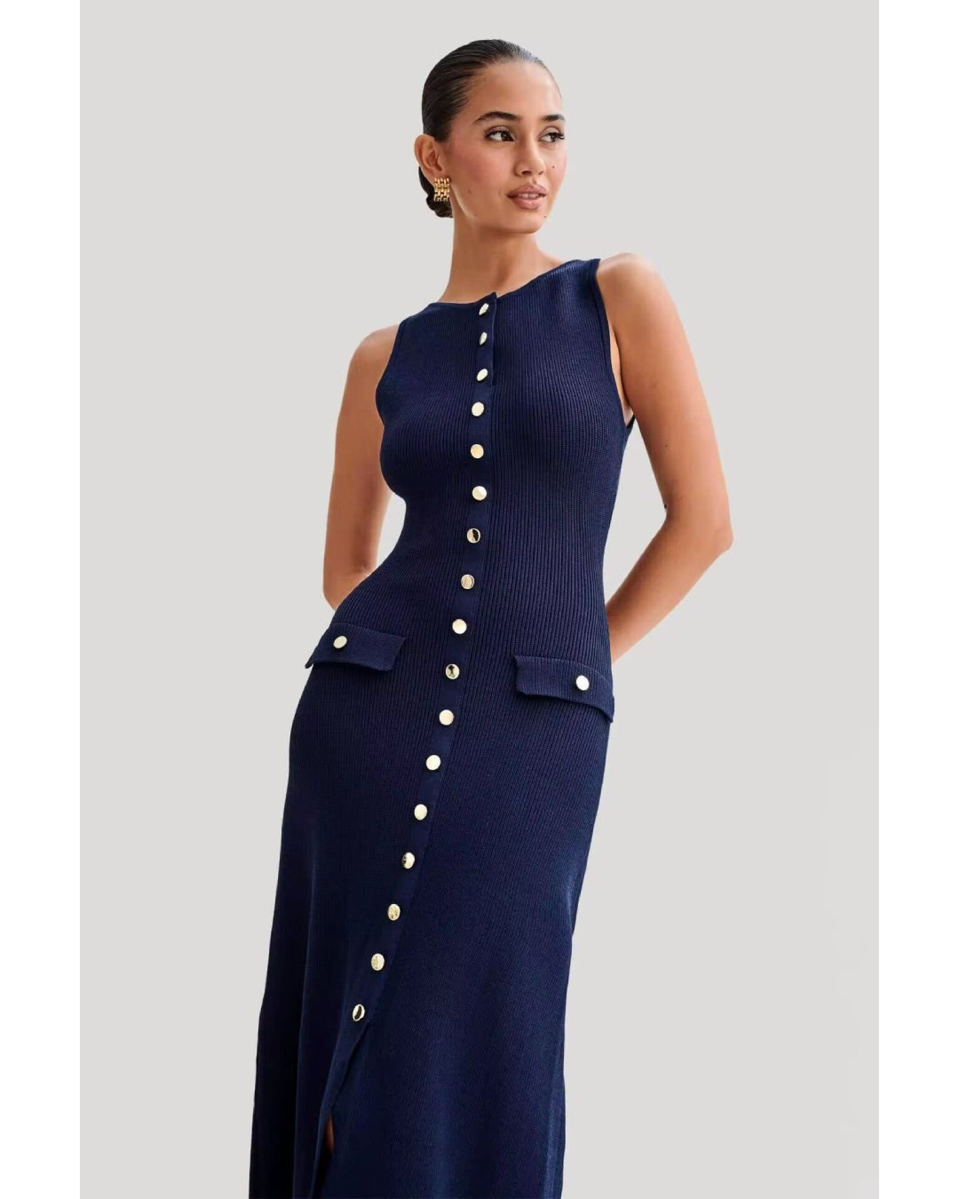Fitted Stretch Button-Down Midi Dress