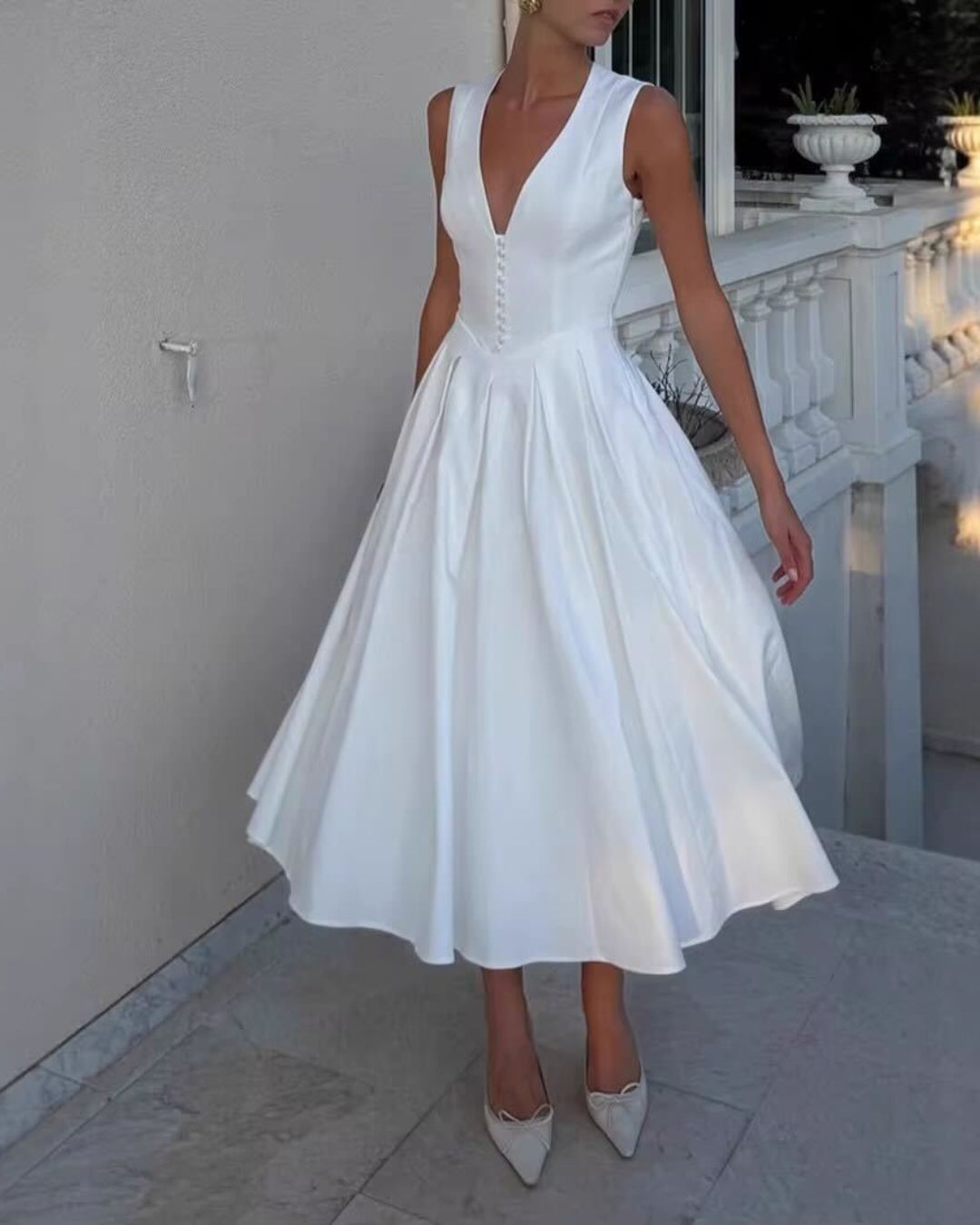 French-Inspired V-Neck Pleated Dress