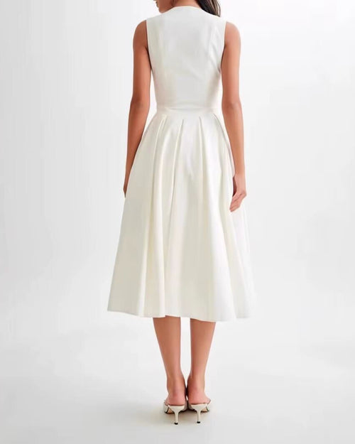 French-Inspired V-Neck Pleated Dress