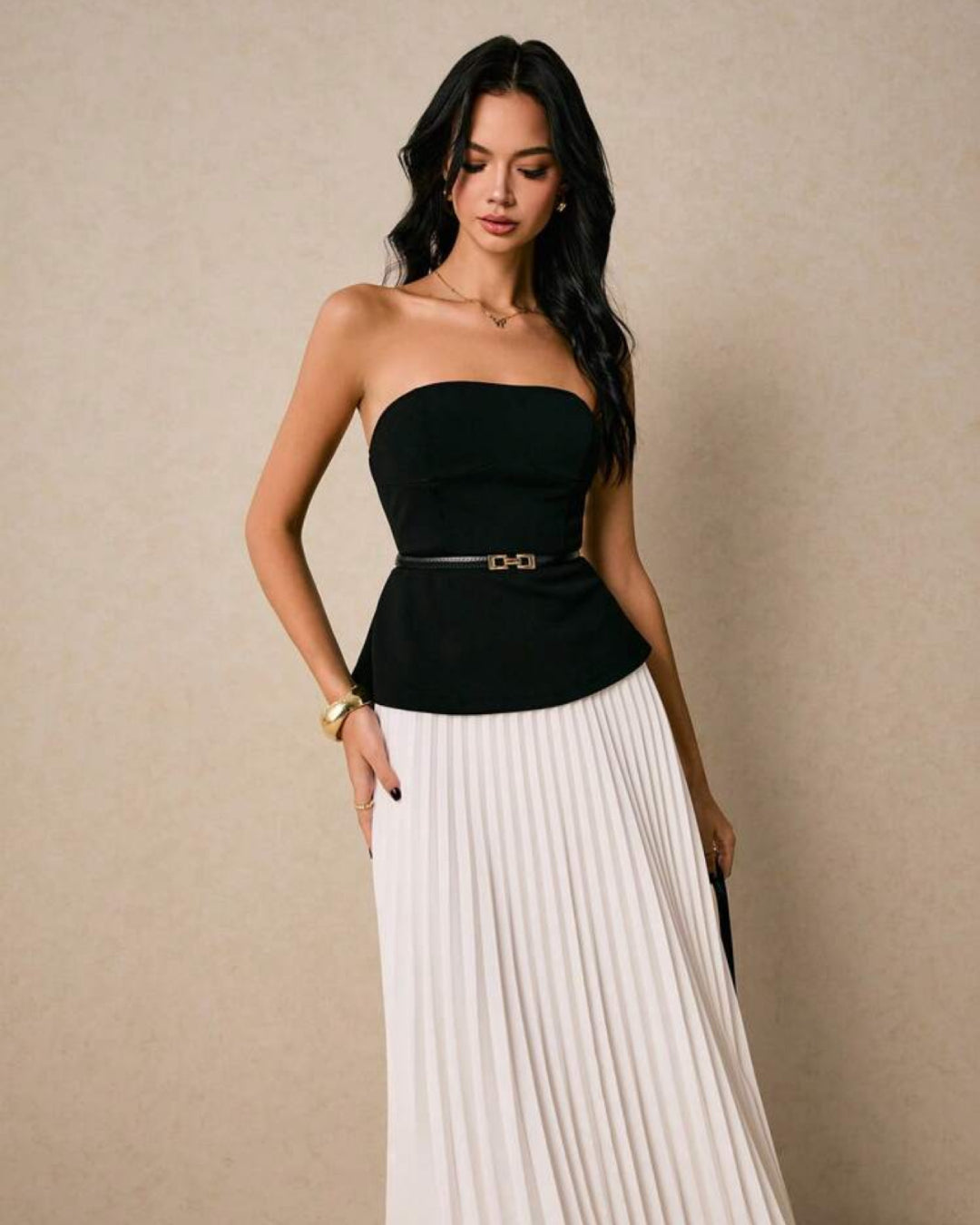 Two-Piece Set: Black Bustier Top & White Pleated Midi Skirt